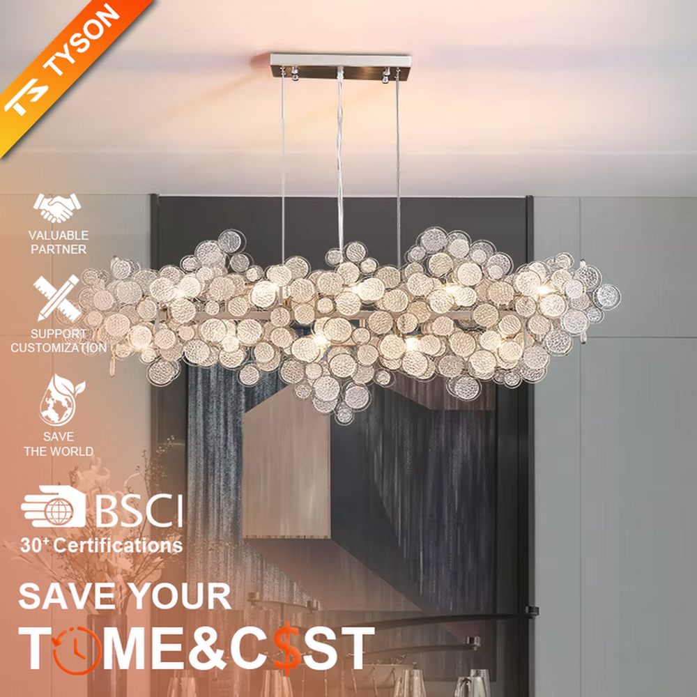 This modern light luxury cloud chandelier is composed of a large number of layered gold hollow metal discs, presenting a fluffy and light cloud shape. Warm light refracts through the hollow texture to emit a soft and brilliant halo, serving both lighting and decorative purposes, suitable for modern light luxury spaces such as dining rooms and living rooms.
