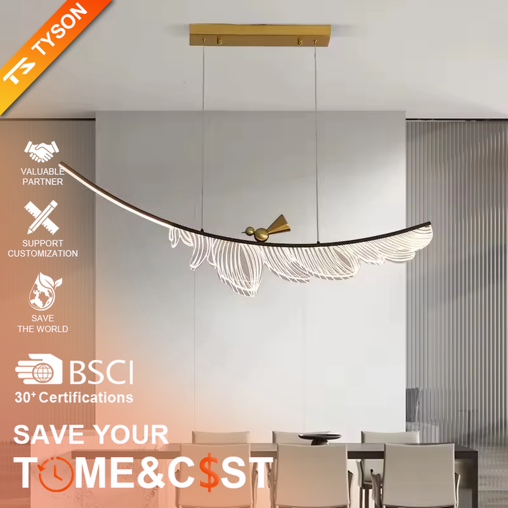 This is a light luxury art-style feather-shaped chandelier, with a black curved metal frame supporting a white light-transmitting feather-shaped lamp body, accented with gold decorations, presenting a dynamic and elegant visual effect, with both decorative and lighting functions, ideal for high-end indoor spaces such as dining rooms and living rooms.