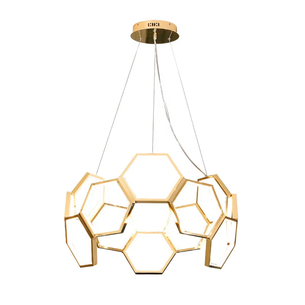 A modern light luxury style honeycomb-shaped chandelier, featuring a honeycomb geometric frame made of gold metal with built-in LED strips. It emits soft and uniform light when lit, combining artistic decoration with lighting functionality, ideal for creating a high-end and futuristic space atmosphere.
