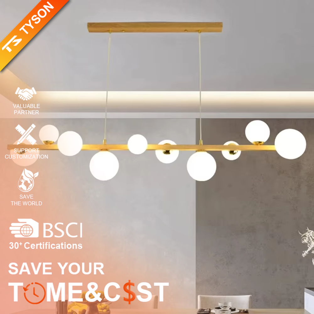 Nordic-style gold linear chandelier with a wood-like finish, paired with multiple round milk-white glass ball lampshades. It features a simple and lightweight design, emitting soft and gentle light, serving as a modern home lighting fixture that combines illumination and decoration.
