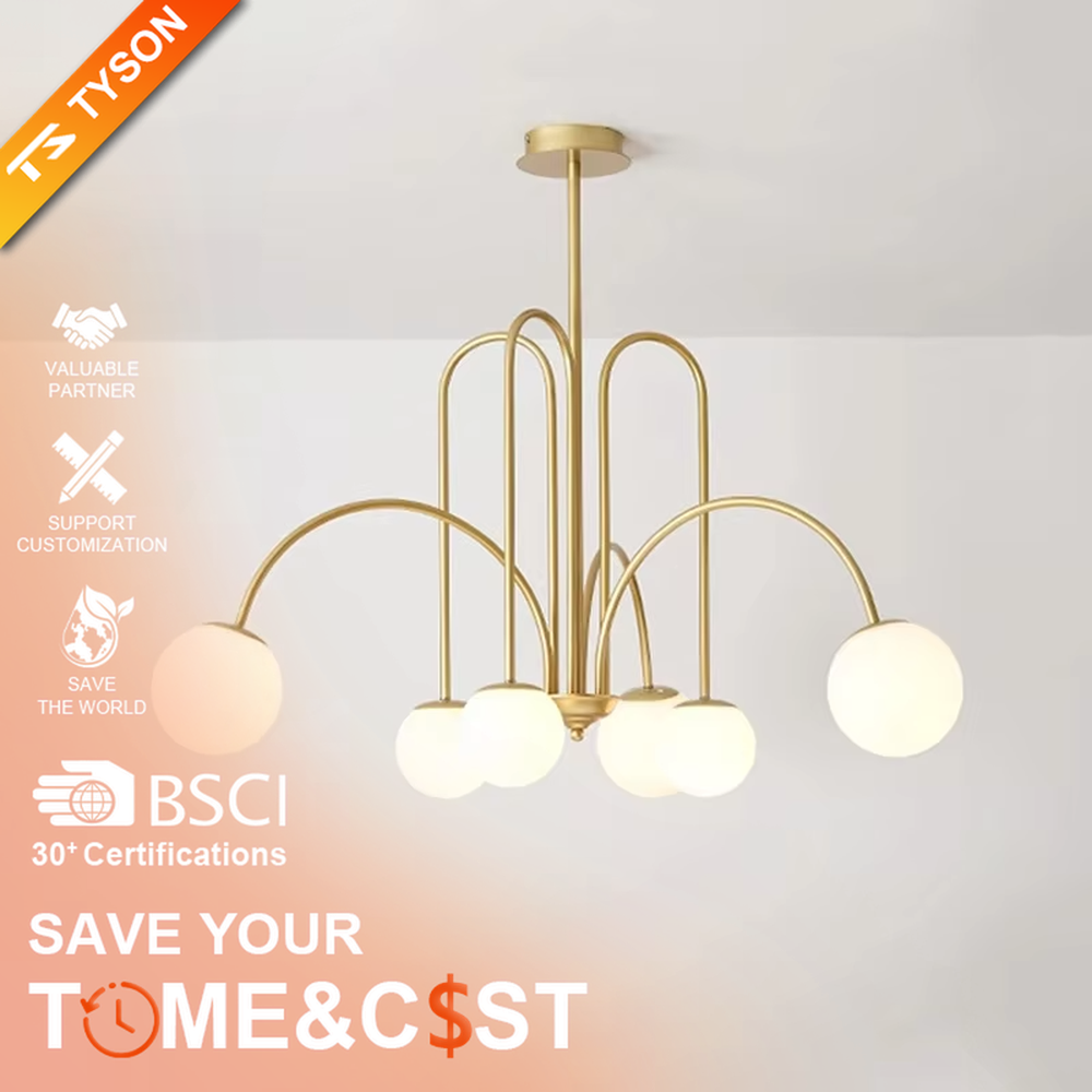 A multi-head chandelier combining modern light luxury and French retro styles, featuring a gold metal curved branch frame paired with milky white glass glowing spheres of varying sizes. It emits soft and uniform warm light when lit, combining decorative appeal with practical illumination, ideal for creating an elegant and dynamic space atmosphere.
