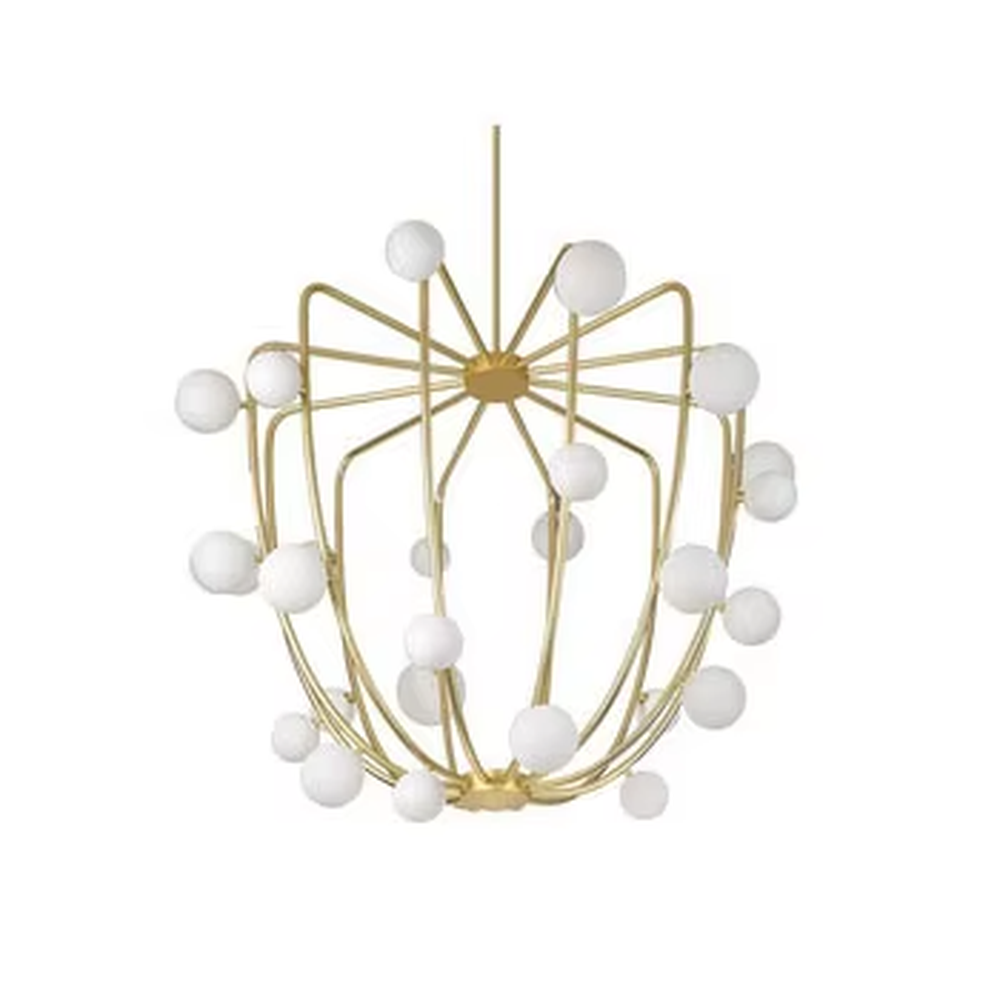 This light luxury rhombus cluster chandelier features a rhombus polyhedron frame made of gold metal, paired with white spherical lampshades, with soft and dreamy light, serving both lighting and decorative purposes, suitable for modern light luxury spaces such as living rooms and dining rooms.