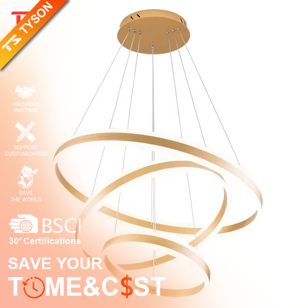 A modern light luxury three-tier ring LED chandelier, featuring a gold metal frame with built-in soft light strips and adjustable suspension rods for different ceiling heights, combining lighting and decorative functions, ideal for creating a minimalist and sophisticated space atmosphere.