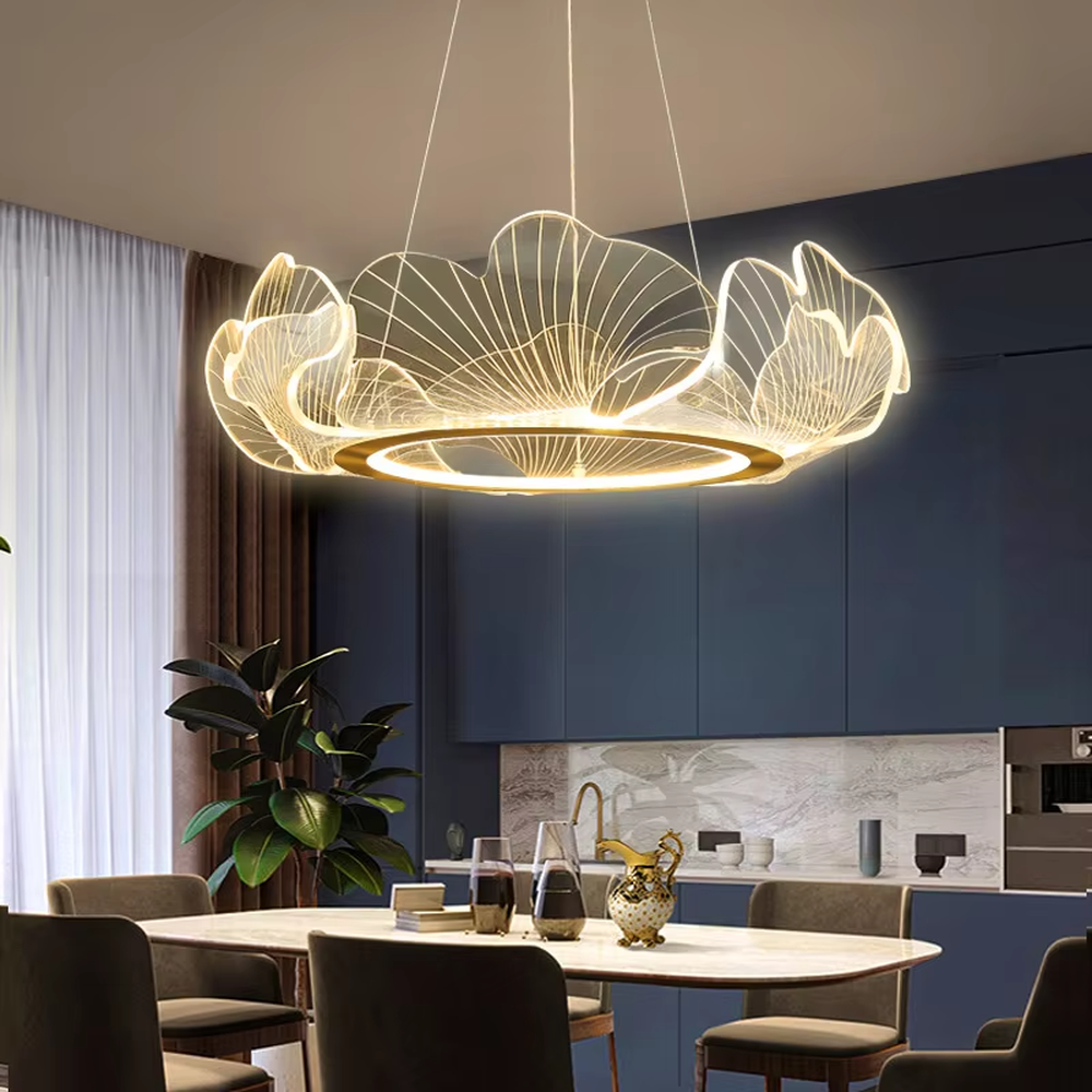 A new Chinese light luxury style ring chandelier, inspired by ginkgo leaves, crafted with a gold metal frame and translucent ginkgo leaf-shaped panels. It emits a soft and warm glow when lit, combining artistic decoration with lighting functionality, ideal for creating an elegant and poetic space atmosphere.
