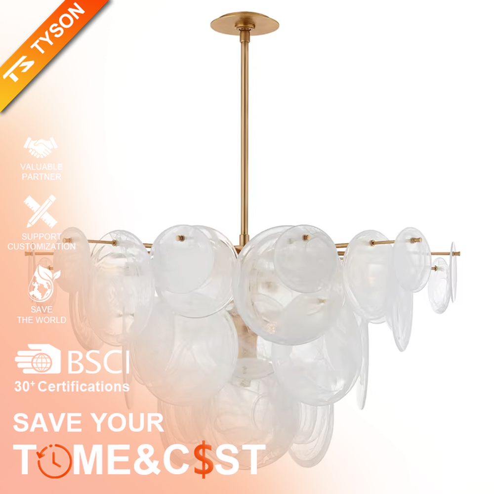 French light luxury glass cloud chandelier, with a golden metal frame paired with transparent glass sheets stacked into a fluffy cloud shape, featuring soft and transparent light, combining decorative and lighting functions, suitable for bedrooms, living rooms, light luxury style spaces.