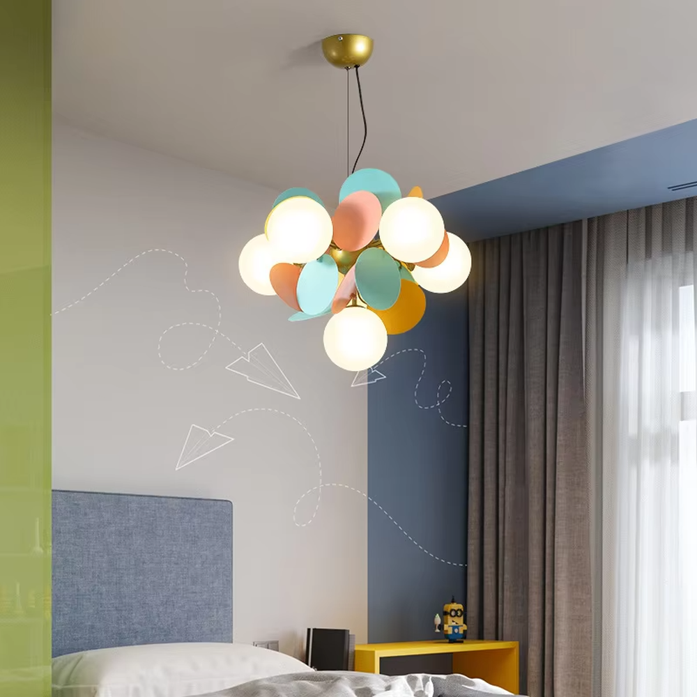 A modern art style branch chandelier, featuring a gold metal frame paired with colorful matte discs and milky white glowing spheres. It emits a soft and warm glow when lit, combining decorative appeal with practical illumination, ideal for creating a lively and soothing space atmosphere.