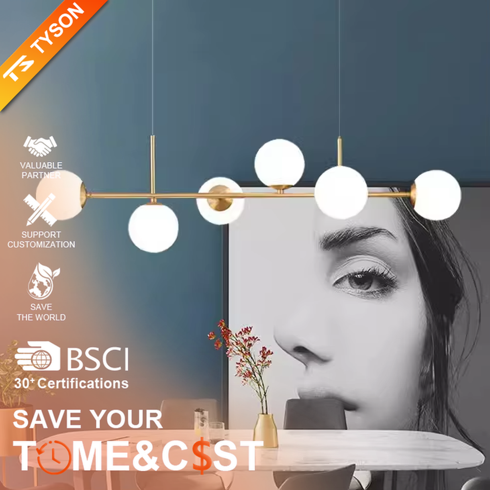 A modern light luxury style linear molecular ball chandelier, featuring a gold metal frame paired with asymmetrically arranged milky white glass glowing spheres. It emits a soft and uniform glow when lit, combining decorative appeal with practical illumination, ideal for creating a minimalist and sophisticated space atmosphere.