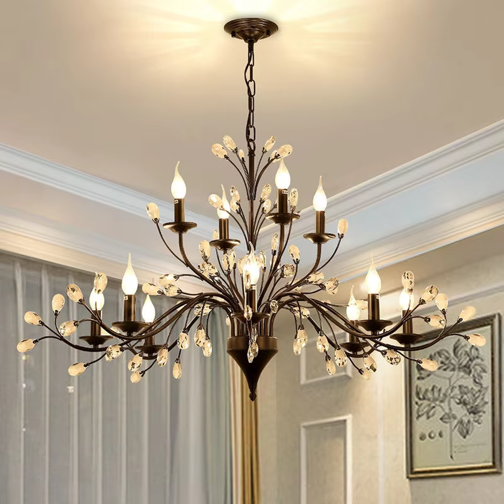 A double-layer retro light luxury style branch chandelier, featuring an extended double-layer branch structure made of dark brown metal, adorned with crystal particles and candle-shaped bulbs. It emits a brilliant yet soft glow when lit, combining decorative appeal with practical illumination, ideal for creating a romantic and elegant space atmosphere.
