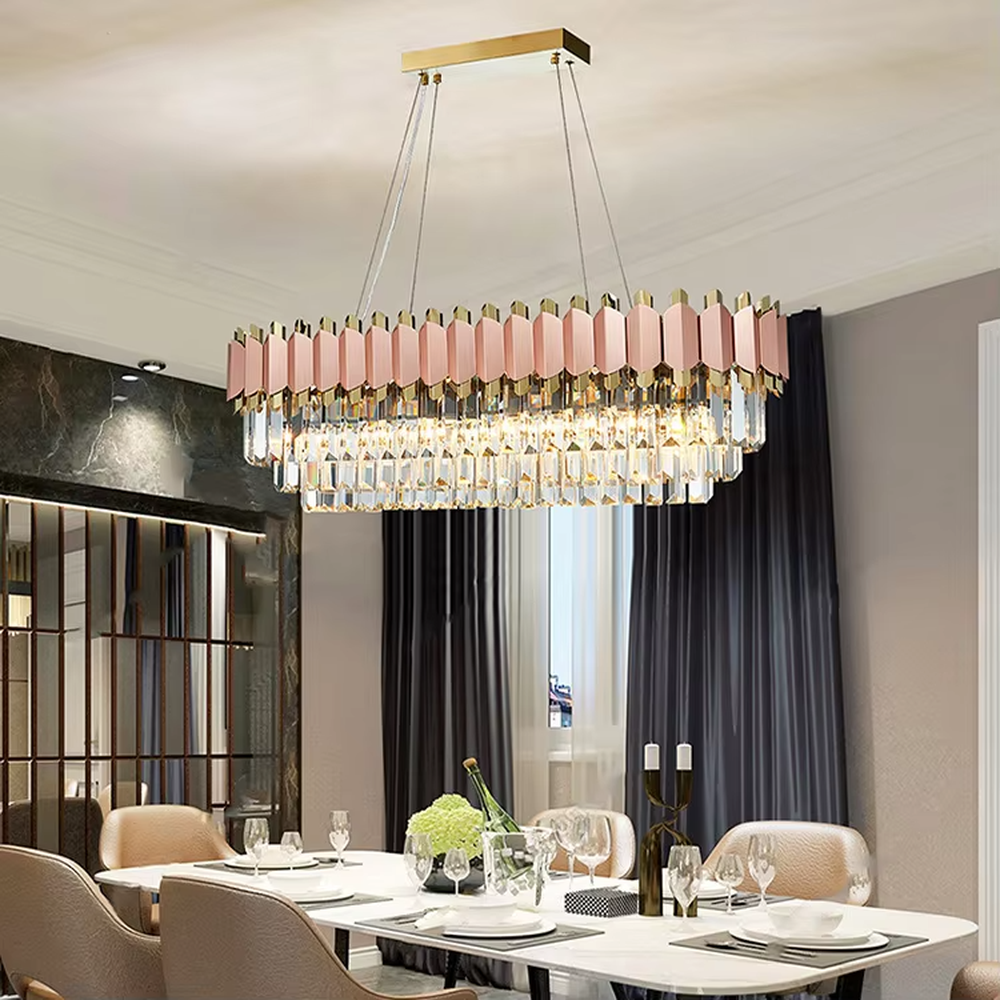 This light luxury black-gold contrasting crystal chandelier features a black-gold metal frame paired with dense faceted crystal pendant strips, with brilliant and luxurious light, serving both lighting and decorative purposes, suitable for modern light luxury high-end spaces such as living rooms and dining rooms.