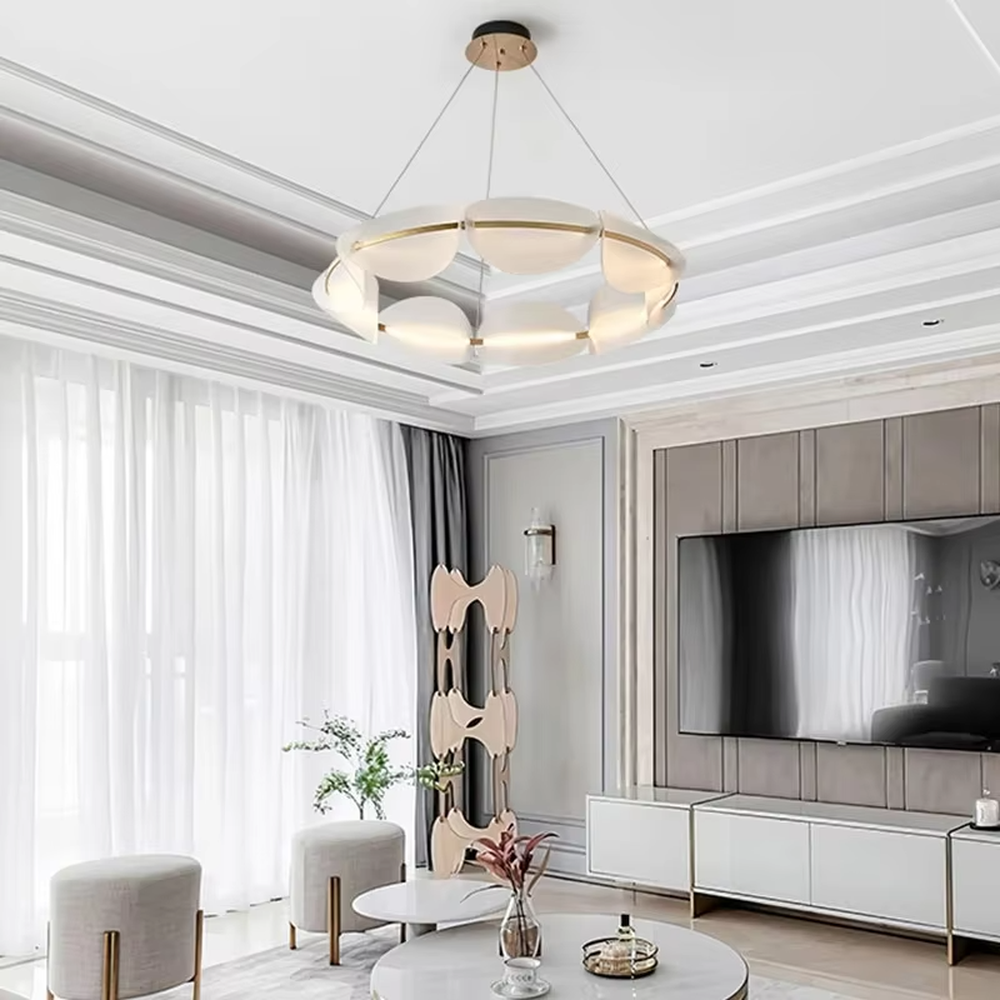 Modern light luxury ring petal chandelier, crafted with frosted acrylic petal-shaped lampshades and accented with gold metal lines. It emits soft and even light, combining artistry and ambiance, making it a decorative lighting fixture that elevates the space's style.