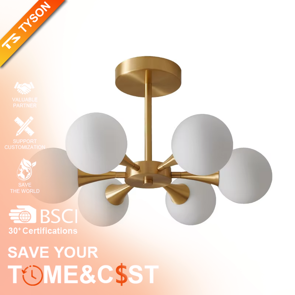 Modern minimalist molecular ball semi-flush mount ceiling light, with a golden metal frame and milky white glass ball lampshades, featuring soft and uniform light, combining decorative and lighting functions, suitable for bedrooms, studies, small living rooms and other modern style spaces with low floor heights.