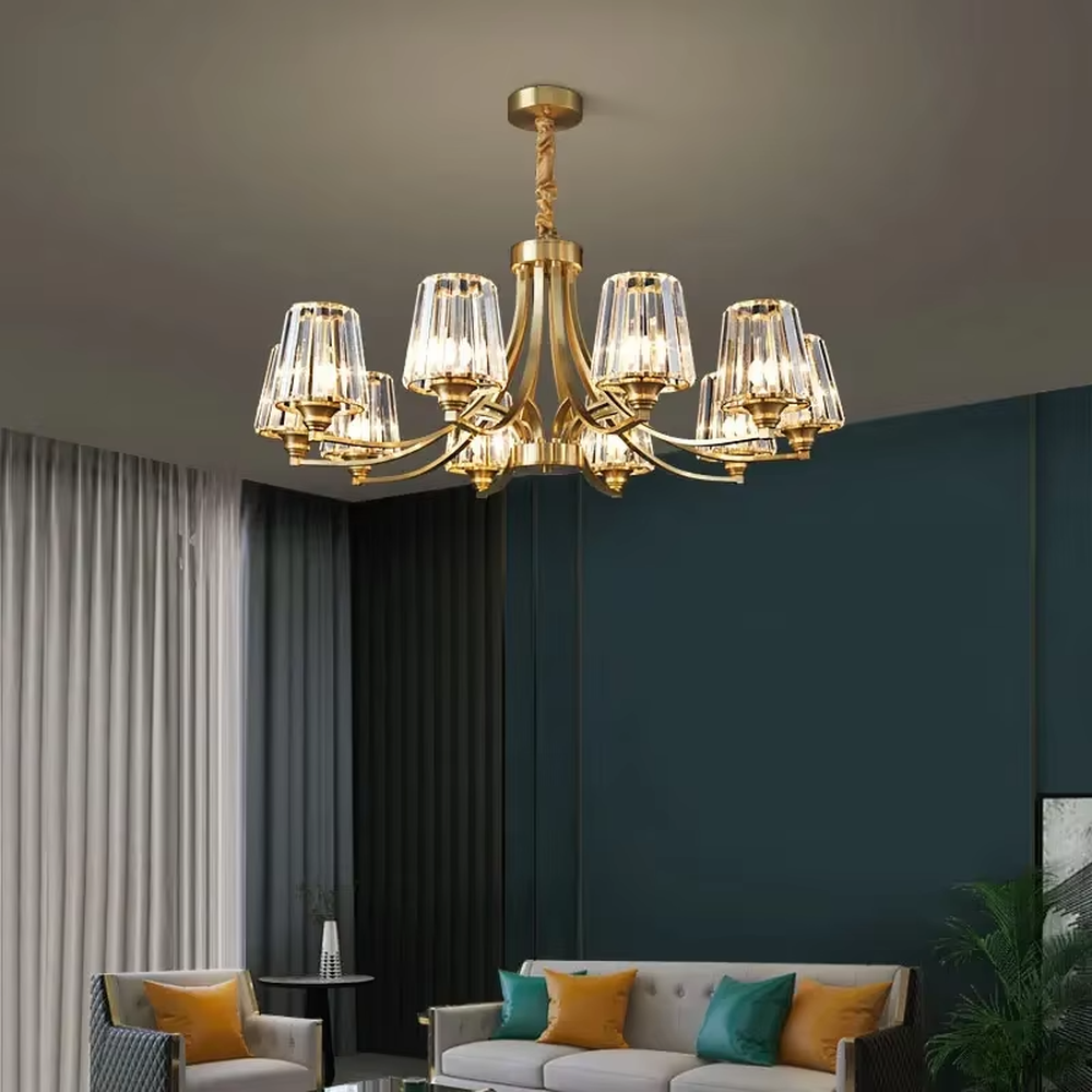 Modern Light Luxury Branch Crystal Chandelier, Gold Metal Frame with Transparent Ribbed Crystal Shades, Serves Both Lighting and Decorative Purposes, Ideal for Living Rooms, Dining Rooms, Villas and Other Light Luxury Spaces.