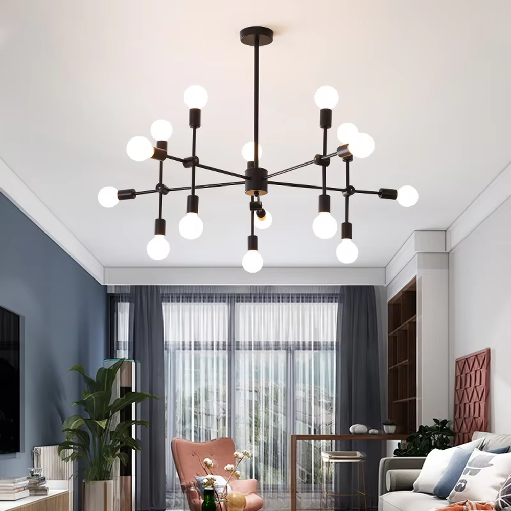 Modern light luxury molecular structure chandelier, with golden metal branches and milky white glass ball lampshades, the shape is flexible like interstellar molecules, featuring soft and uniform light, combining decorative and lighting functions, suitable for living rooms, dining rooms, light luxury style spaces.