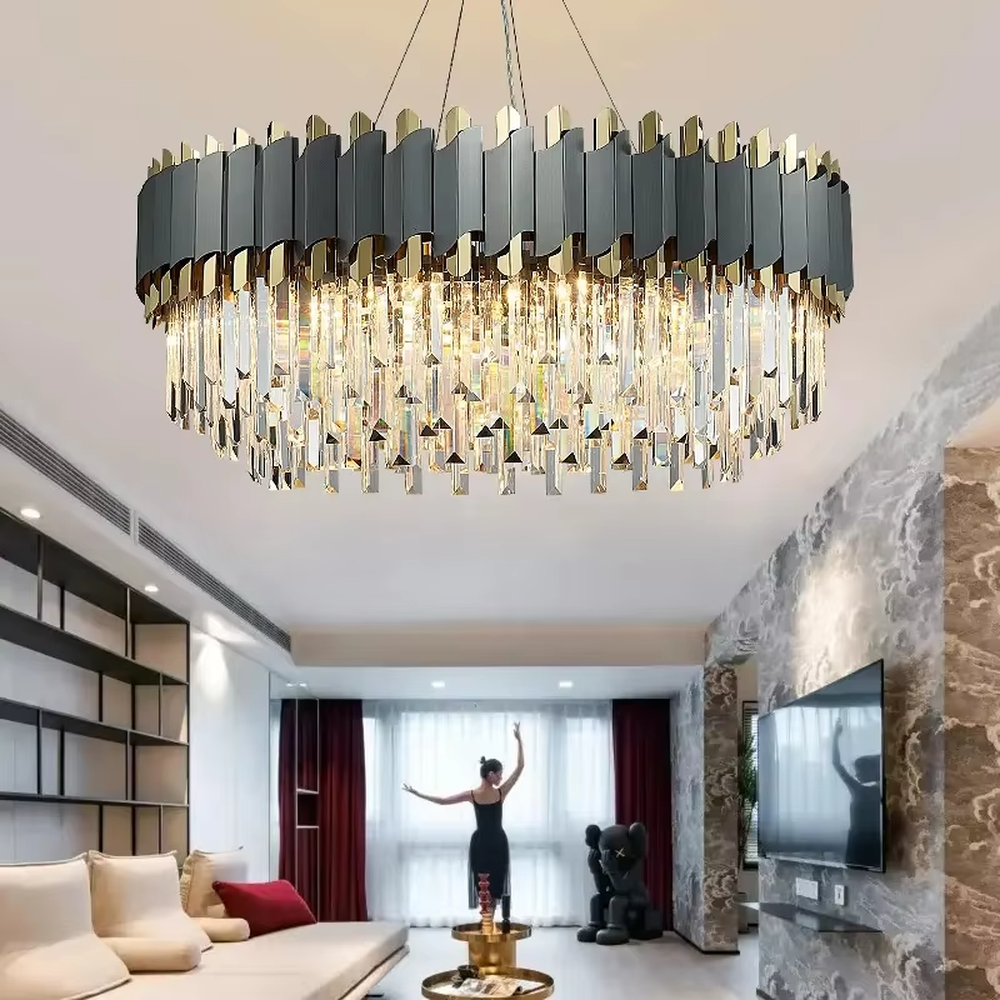This light luxury black-gold contrasting crystal chandelier features a black-gold metal frame paired with dense faceted crystal pendant strips, with brilliant and luxurious light, serving both lighting and decorative purposes, suitable for modern light luxury high-end spaces such as living rooms and dining rooms.