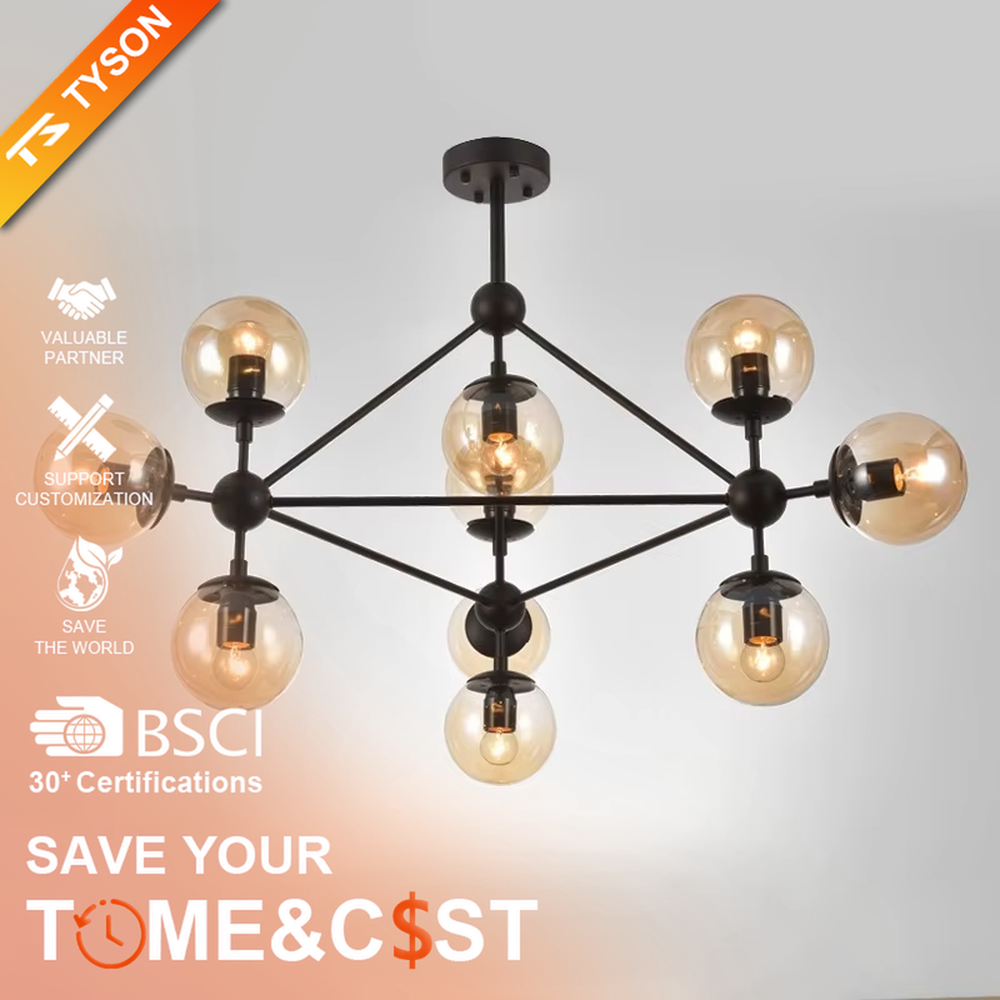 An industrial and modern minimalist combined molecular structure chandelier, featuring a cubic geometric frame made of black iron, paired with amber glass ball bulbs. It emits a warm and soft glow when lit, combining decorative appeal with practical illumination, ideal for creating a bold and avant-garde space atmosphere.