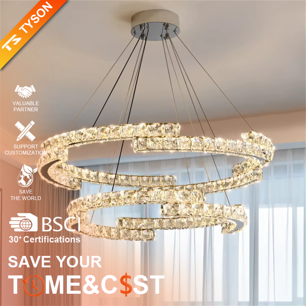 This light luxury interlaced ring crystal chandelier features a multi-layer flowing ring shape made of metal frames and crystal strips, with light refracting a brilliant halo through the crystals, serving both lighting and decorative purposes, suitable for modern light luxury spaces such as living rooms and dining rooms.