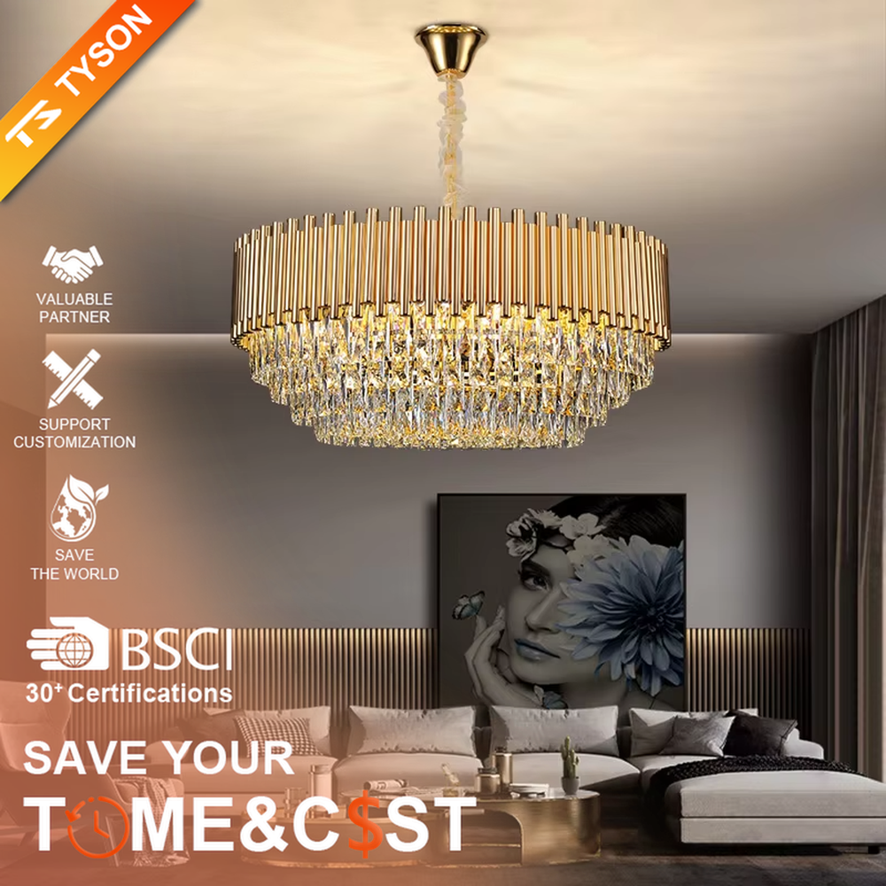 This light luxury double-layer oval chandelier consists of upper gold metal vertical strips and lower faceted crystal pendants. Light refracts through the crystals to emit a brilliant glow, serving both lighting and decorative purposes, suitable for high-end spaces such as villa living rooms and light luxury dining rooms.