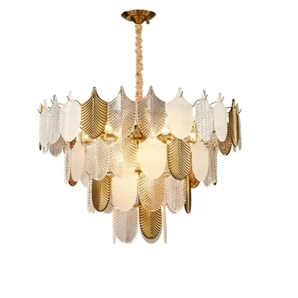 This modern light luxury leaf chandelier is composed of staggered layers of gold and transparent leaf-shaped ornaments, presenting a light shape like spreading feathers. Light refracts through the ornaments to emit a soft and transparent halo, serving both lighting and decorative purposes, suitable for modern light luxury spaces such as living rooms and dining rooms.