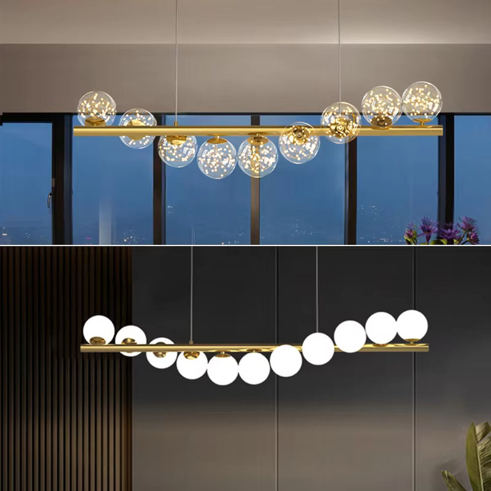 Modern Light Luxury Linear Bubble Ball Chandelier, Gold Metal Base with Transparent Starry Sky Glass Ball Shades, Serves Both Lighting and Decorative Purposes, Ideal for Dining Rooms, Bars, Open Kitchens, etc.