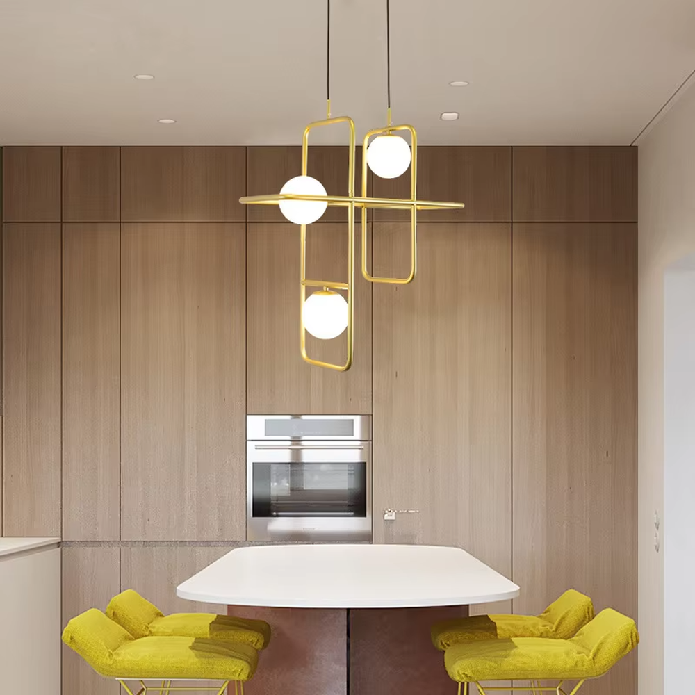 A modern minimalist style geometric line chandelier, featuring an asymmetric frame made of gold metal paired with milky white glowing spheres, combining decorative appeal with practical illumination, ideal for creating a minimalist and sophisticated space atmosphere.