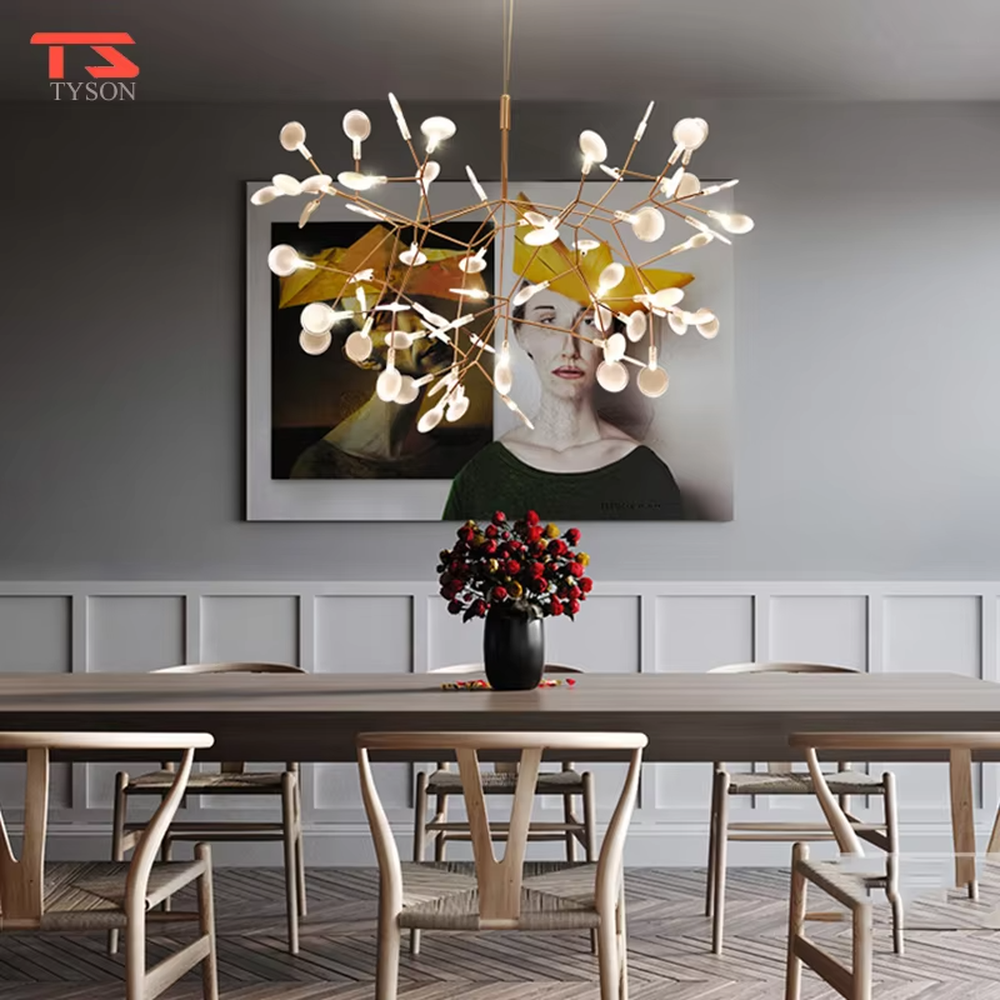A modern light luxury style firefly branch chandelier, featuring a bionic branch frame made of gold metal, paired with multiple white light-emitting points, shaped like fireflies perched on branches on a summer night. It emits a soft and dynamic glow when lit, combining decorative appeal with practical illumination, ideal for creating a romantic and healing space atmosphere.