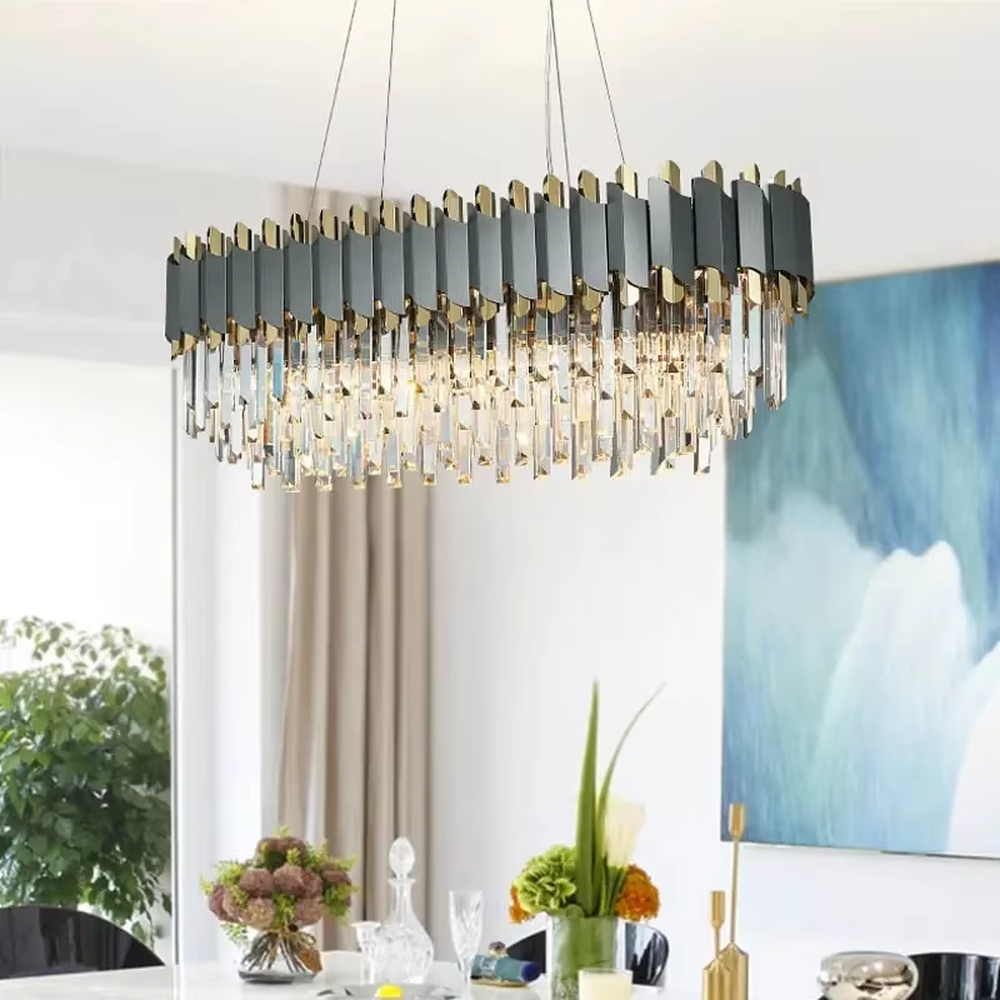 This light luxury black-gold contrasting crystal chandelier features a black-gold metal frame paired with dense faceted crystal pendant strips, with brilliant and luxurious light, serving both lighting and decorative purposes, suitable for modern light luxury high-end spaces such as living rooms and dining rooms.