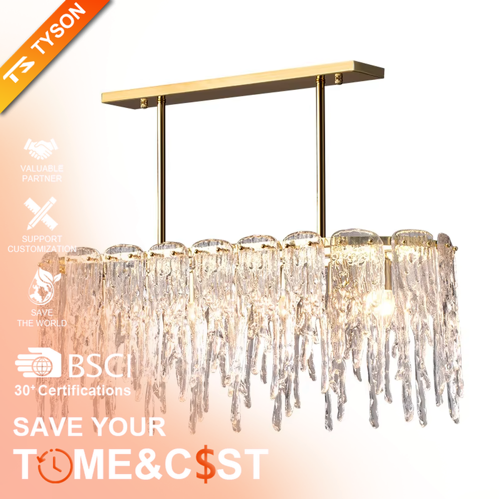 This modern light luxury linear chandelier features a gold metal frame paired with icicle-shaped transparent crystal pendants. Light refracts through the crystals to emit a brilliant and soft glow, serving both lighting and decorative purposes, suitable for modern light luxury spaces such as dining rooms and villa living rooms.