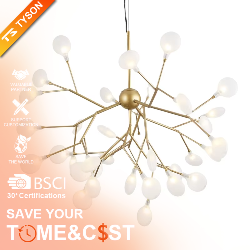 This is a modern light luxury firefly chandelier, featuring a gold metal branch structure paired with rounded soft light heads, shaped like a swarm of fireflies dancing. It emits soft and warm light, serving both lighting and artistic decoration purposes, suitable for Nordic-style living rooms, light luxury dining rooms, cozy bedrooms, internet-famous homestays and other scenarios.