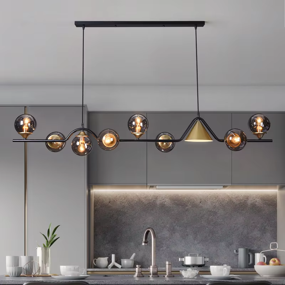 Modern light luxury black-gold contrasting linear chandelier, with a black metal frame paired with milky white glass ball lampshades and a golden conical lampshade, featuring flexible and irregular lines, combining decorative and lighting functions, suitable for dining rooms, bars, open living rooms and other modern style spaces.