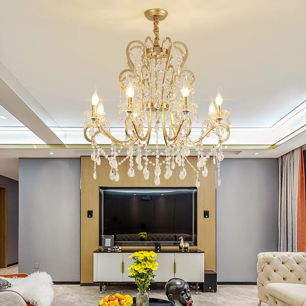 This European luxury crystal chandelier features curved branches crafted from transparent crystal, paired with hanging crystal pendants, creating a gorgeous and elegant courtly texture. When lit, light refracts through the crystal to emit a brilliant and soft glow, combining decorative appeal with an ambient atmosphere. Ideal for living rooms, dining rooms, villa high-ceiling spaces, or high-end clubs, it adds an elegant and exquisite touch to European luxury or modern light luxury spaces.