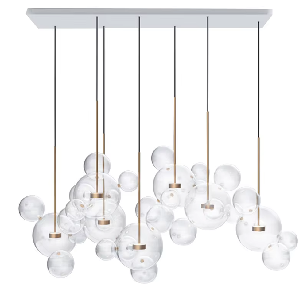 Modern art bubble cluster chandelier, featuring a cloud-like arrangement of transparent glass bubbles paired with black and gold suspension wires. Light refracts through the bubbles to create a soft and translucent glow, combining a dreamy feel and artistic ambiance, making it a high-end decorative lighting fixture that elevates the space's style.