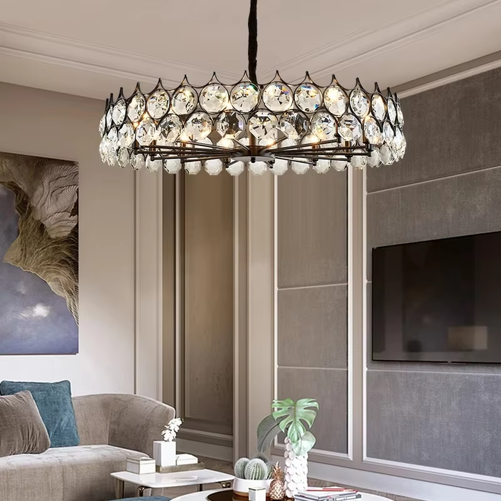 This modern light luxury linear crystal chandelier features a gold metal frame, inlaid with two layers of round-cut crystal slices, suspended by a braided cord. When lit, light refracts through the crystal to emit a brilliant and soft glow, combining a retro-exquisite texture with an ambient atmosphere. Ideal for dining rooms, bars, light luxury apartments, and other spaces, it adds an exquisite and sophisticated touch to modern minimalist or French light luxury home environments.