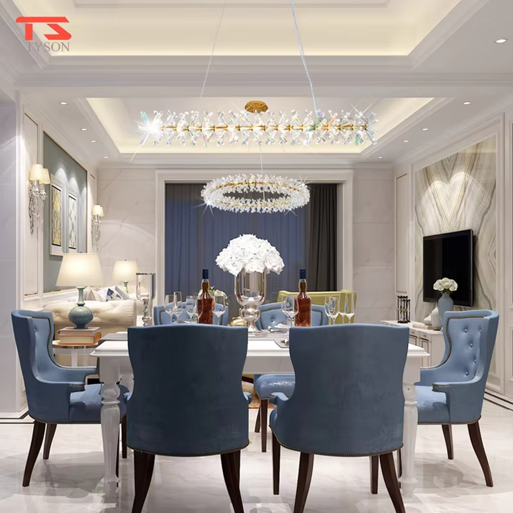 This modern light luxury two-layer circular chandelier features a gold metal frame, inlaid with transparent snowflake-shaped crystal modules, combined into a two-layer staggered circular shape. When lit, light refracts through the crystal to emit a brilliant and soft glow, combining an ethereal feel with an ambient atmosphere. Ideal for living rooms, dining rooms, light luxury apartments, and other spaces, it adds a dreamy and exquisite touch to modern minimalist or French light luxury home environments.