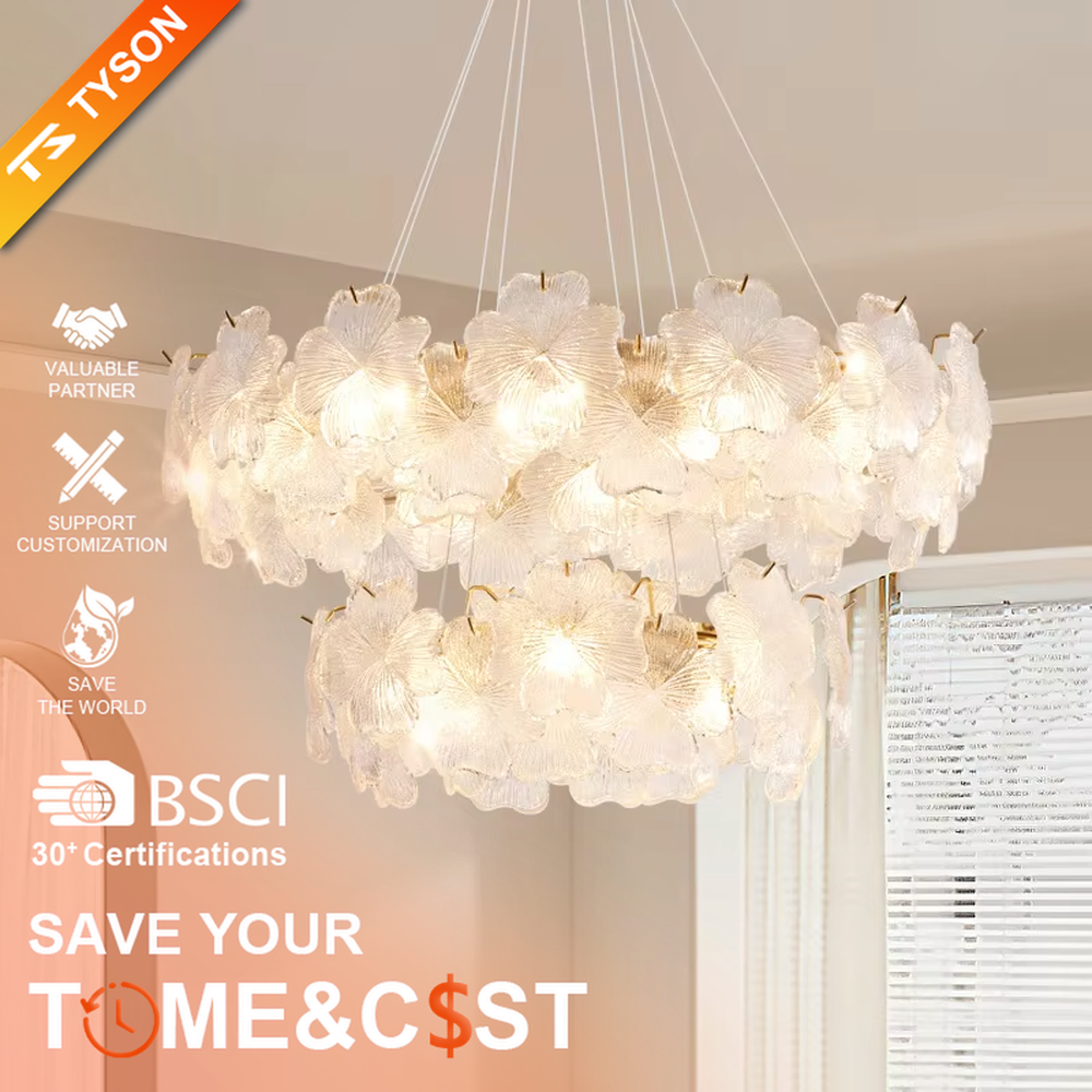 This modern French-style linear petal chandelier features a gold metal ceiling base, with transparent glass petals arranged in a fluffy linear layout with delicate textures. When lit, it emits a soft and gentle glow, combining a romantic ambiance with an ethereal feel. Ideal for dining rooms, bars, bedrooms, and other spaces, it adds a dreamy and exquisite touch to modern minimalist or French light luxury home environments.