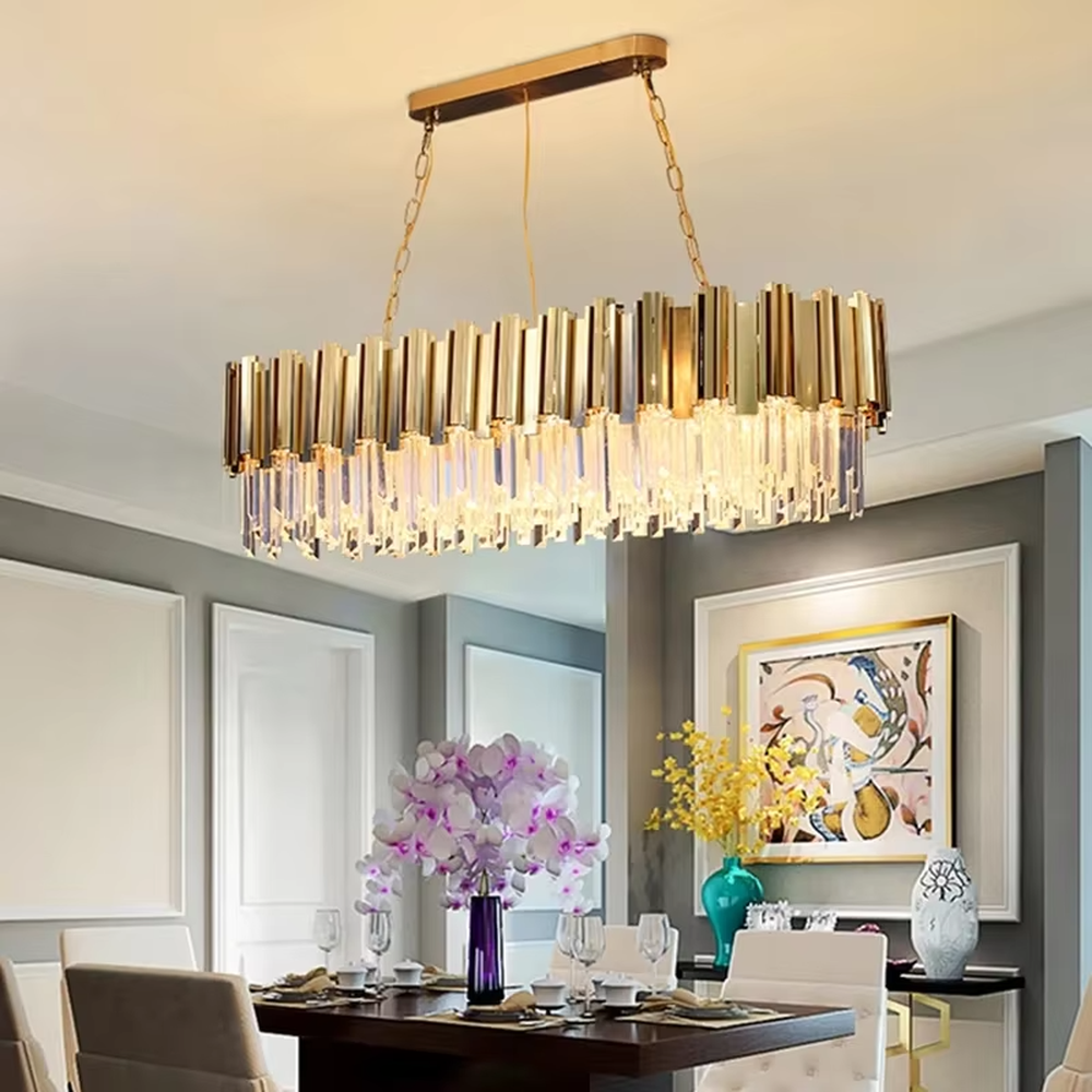 Light luxury post-modern metal crystal chandelier, featuring a dome shape layered with gold metal strips and crystal columns. Light refracts through the crystals to create a brilliant and luxurious glow, combining sophistication and ambiance, making it a high-end decorative lighting fixture that elevates the space's style.