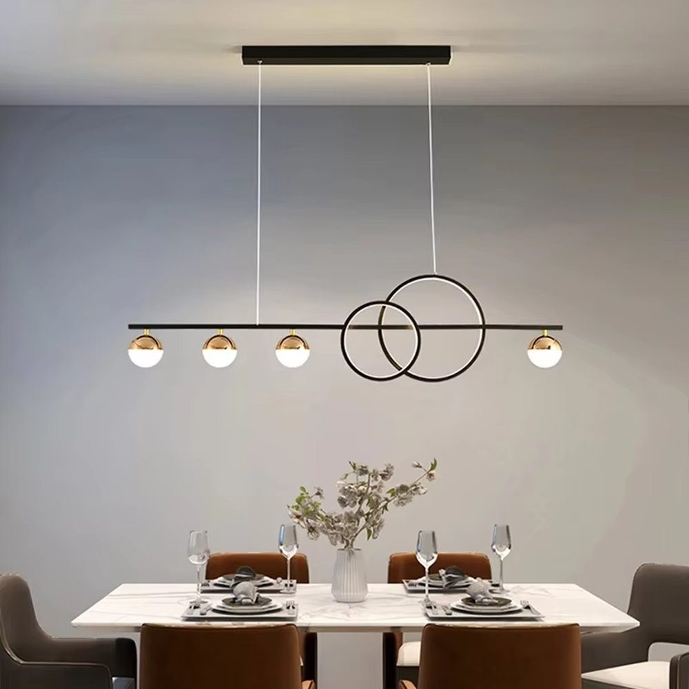Modern light luxury black and gold combination linear chandelier, featuring a black metal frame paired with milk-white glass ball lampshades and double-ring decorations. Its minimalist and layered design combines style and ambiance, making it a decorative lighting fixture that elevates the space's aesthetic.