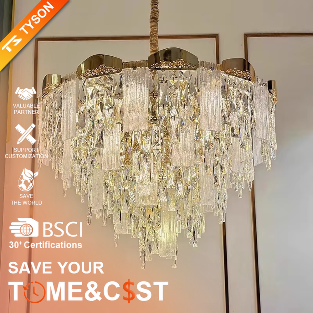 This modern light luxury multi-layer crystal tassel chandelier features a gold metal frame, with multiple layers of transparent long crystal tassels hanging down to form a full square dome shape. When lit, light refracts through the crystal to emit a brilliant and soft glow, combining luxurious texture with an ambient atmosphere. Ideal for dining rooms, living rooms, light luxury apartments, and other spaces, it adds an elegant and exquisite touch to modern minimalist or light luxury home environments.