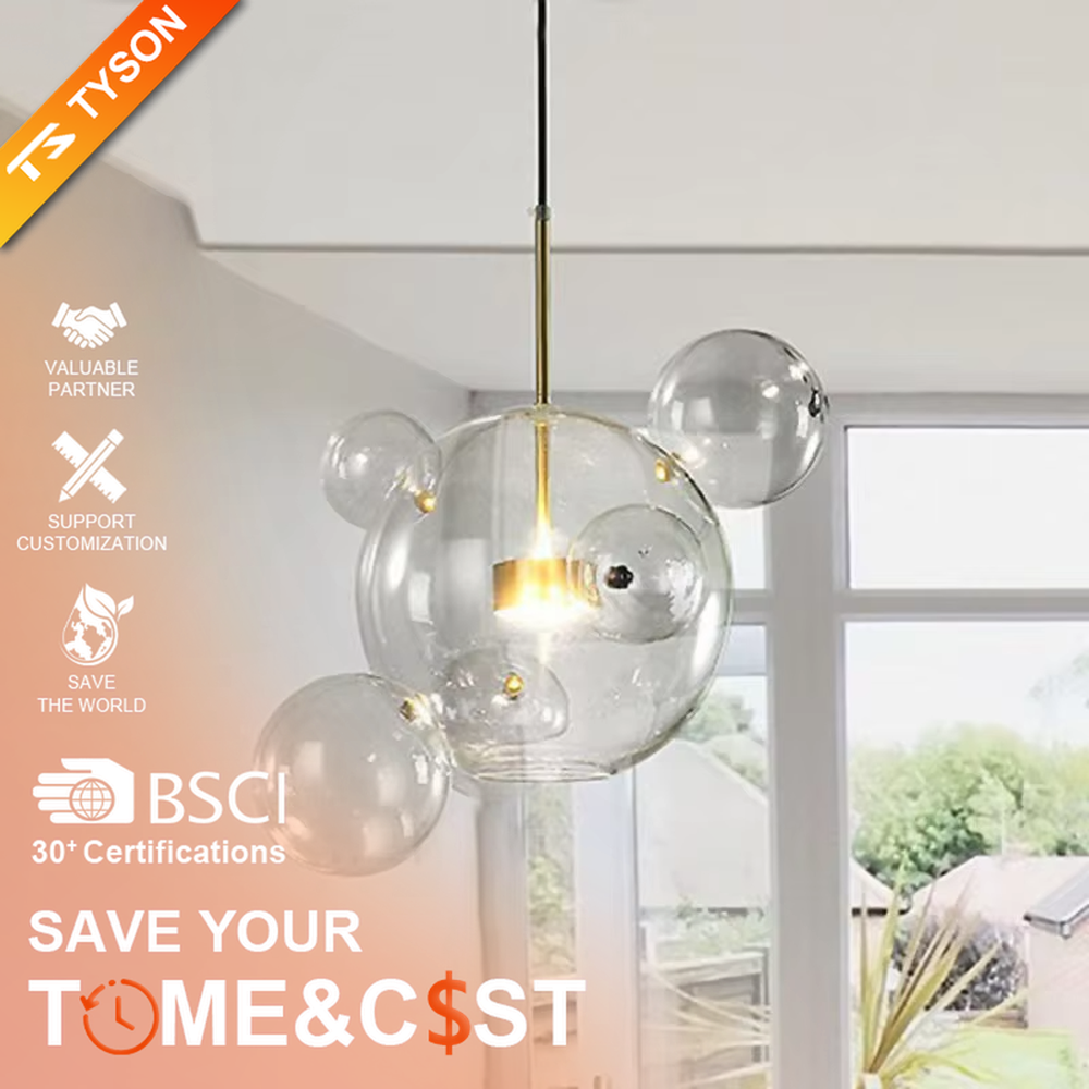 Modern art bubble cluster chandelier, featuring a cloud-like arrangement of transparent glass bubbles paired with black and gold suspension wires. Light refracts through the bubbles to create a soft and translucent glow, combining a dreamy feel and artistic ambiance, making it a high-end decorative lighting fixture that elevates the space's style.