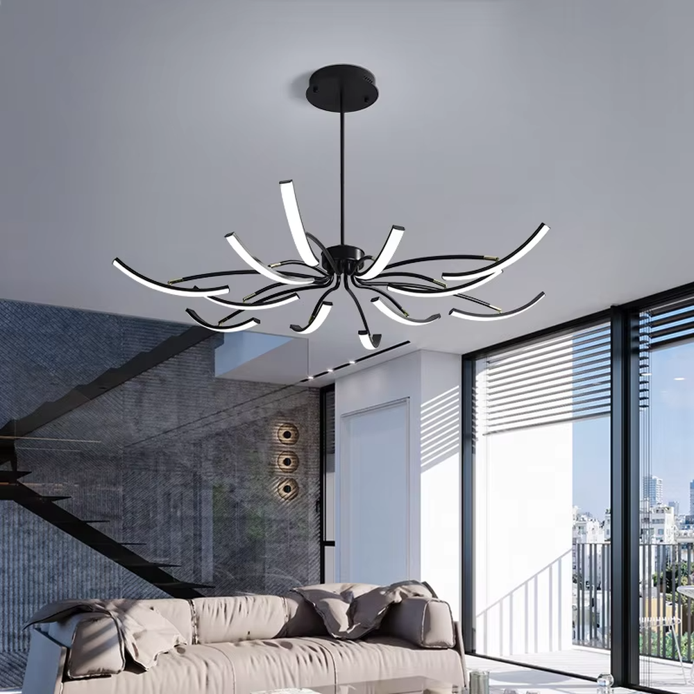 Modern art spider-shaped chandelier, featuring a radial branch structure made of black metal with built-in LED lighting. Its dynamic and tensile lines combine a sense of technology and artistic ambiance, making it a high-end decorative lighting fixture that elevates the space's style.