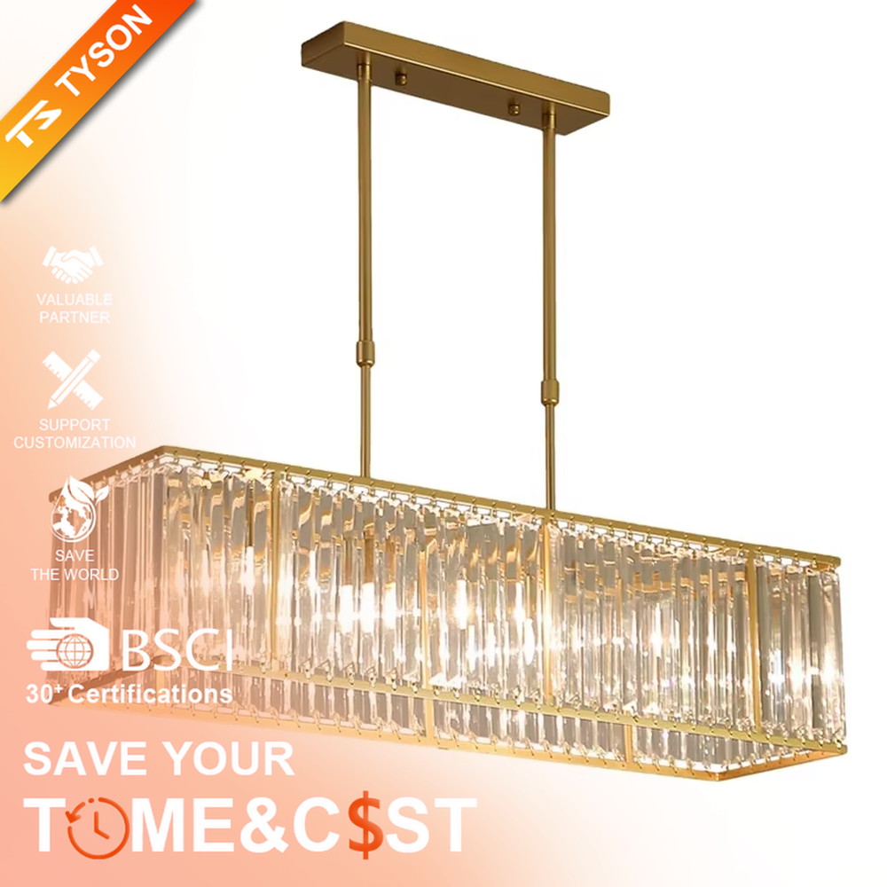 This modern light luxury linear crystal chandelier features a black metal frame, inlaid with transparent long crystals to form a rectangular shape, paired with height-adjustable black suspension wires. When lit, light refracts through the crystal to emit a brilliant and luxurious glow, combining a bold texture with an elegant ambiance. Ideal for dining rooms, bars, light luxury apartments, and other spaces, it adds an exquisite and sophisticated touch to modern minimalist or industrial-style home environments.