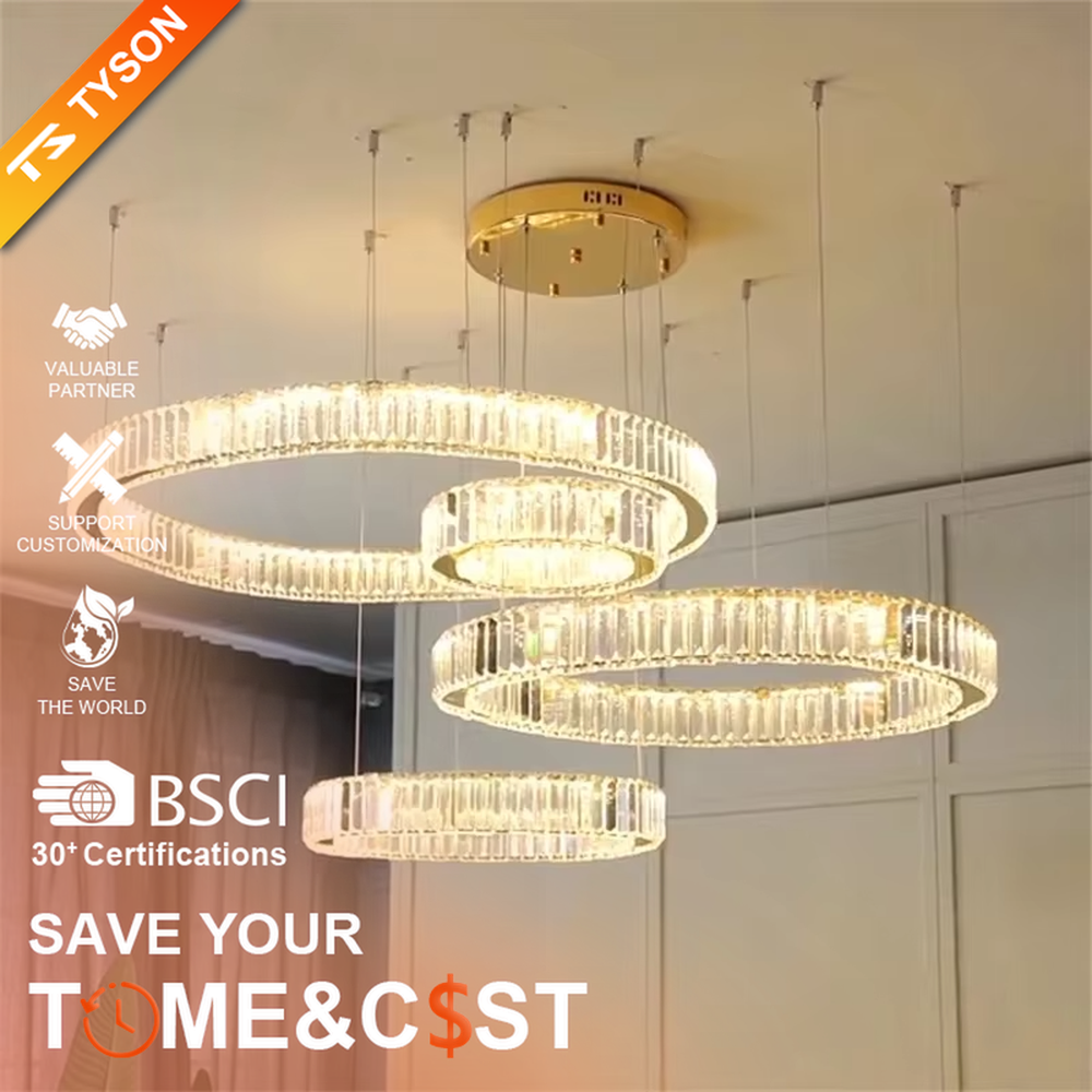 This modern light luxury multi-ring crystal chandelier consists of multiple crystal rings of varying sizes suspended in a staggered layout, each inlaid with transparent long crystals and adjustable via gold suspension wires. When lit, light refracts through the crystal to emit a brilliant and soft glow, combining layered design with an ambient atmosphere. Ideal for high-ceiling living rooms, villa foyers, hotel lobbies, or duplex spaces, it adds an exquisite and sophisticated touch to modern light luxury or minimalist environments.