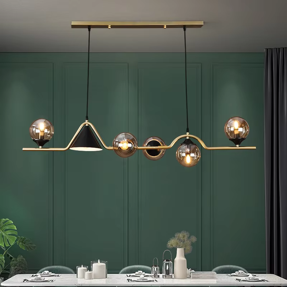 Modern light luxury geometric combination chandelier, featuring a fluid curved frame in black and gold metal paired with gradient smoky gray glass balls and a cone-shaped lampshade. Its minimalist and layered design combines style and ambiance, making it a decorative lighting fixture that elevates the space's aesthetic.
