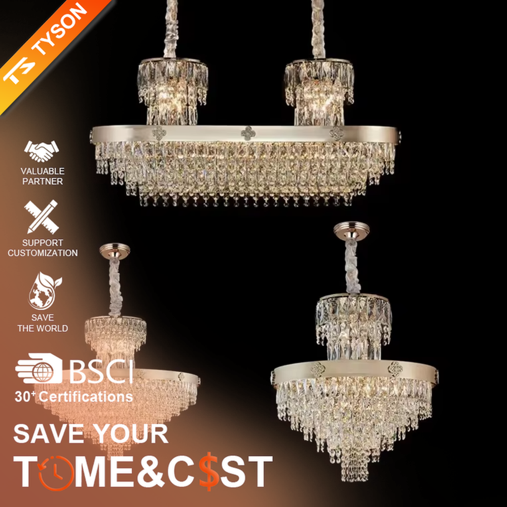 This European luxury two-layer conical crystal chandelier features a champagne gold metal frame, with dense long crystals hanging down to form a two-layer conical layered shape, suspended by a braided cord. When lit, light refracts through the crystals to emit a brilliant and luxurious glow, combining a luxurious texture with an ambient atmosphere. Ideal for villa living rooms, luxury dining rooms, high-end clubs, and other spaces, it adds an elegant and exquisite touch to European luxury or modern light luxury environments.