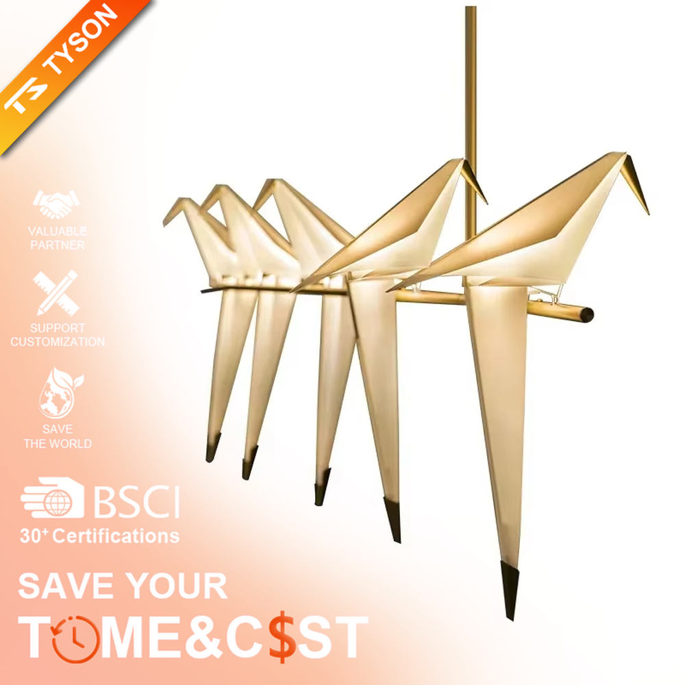 Modern art origami crane cage chandelier, featuring an arched gold metal frame paired with a white origami crane lampshade made with paper folding techniques. Its elegant and dynamic lines combine artistry and ambiance, making it a decorative lighting fixture that elevates the space's style.