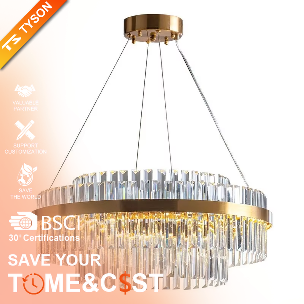 This modern light luxury two-layer circular crystal chandelier features a gold metal frame, with dense transparent long crystals hanging down to form a full circular shape. When lit, light refracts through the crystal to emit a brilliant and soft glow, combining a luxurious texture with an ambient atmosphere. Ideal for dining rooms, living rooms, light luxury apartments, and other spaces, it adds an exquisite and sophisticated touch to modern minimalist or light luxury home environments.