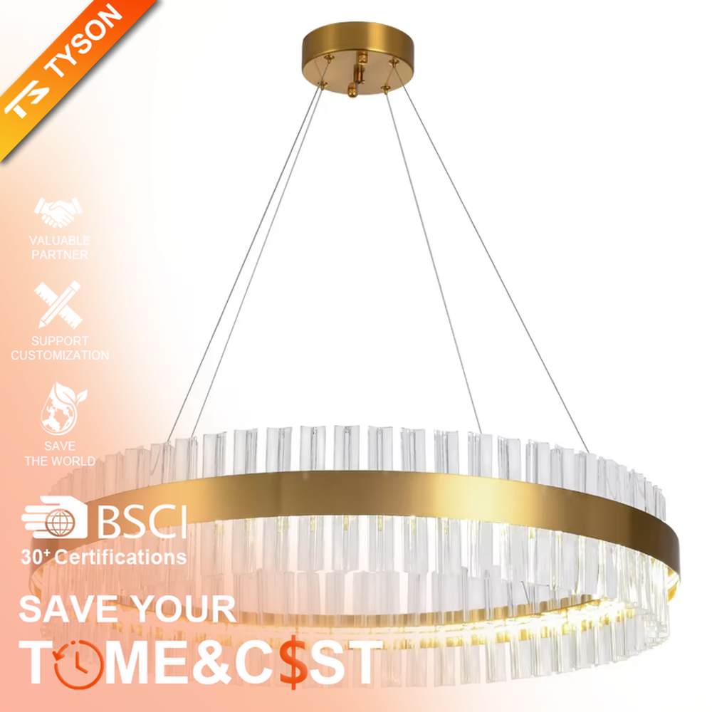 This modern light luxury circular crystal chandelier features a gold metal frame, inlaid with transparent long crystals to form a double-layered circular shape. When lit, light refracts through the crystal to emit a brilliant and soft glow, combining an exquisite texture with an ambient atmosphere. Ideal for living rooms, dining rooms, light luxury apartments, and other spaces, it adds an exquisite and sophisticated touch to modern minimalist or light luxury home environments.