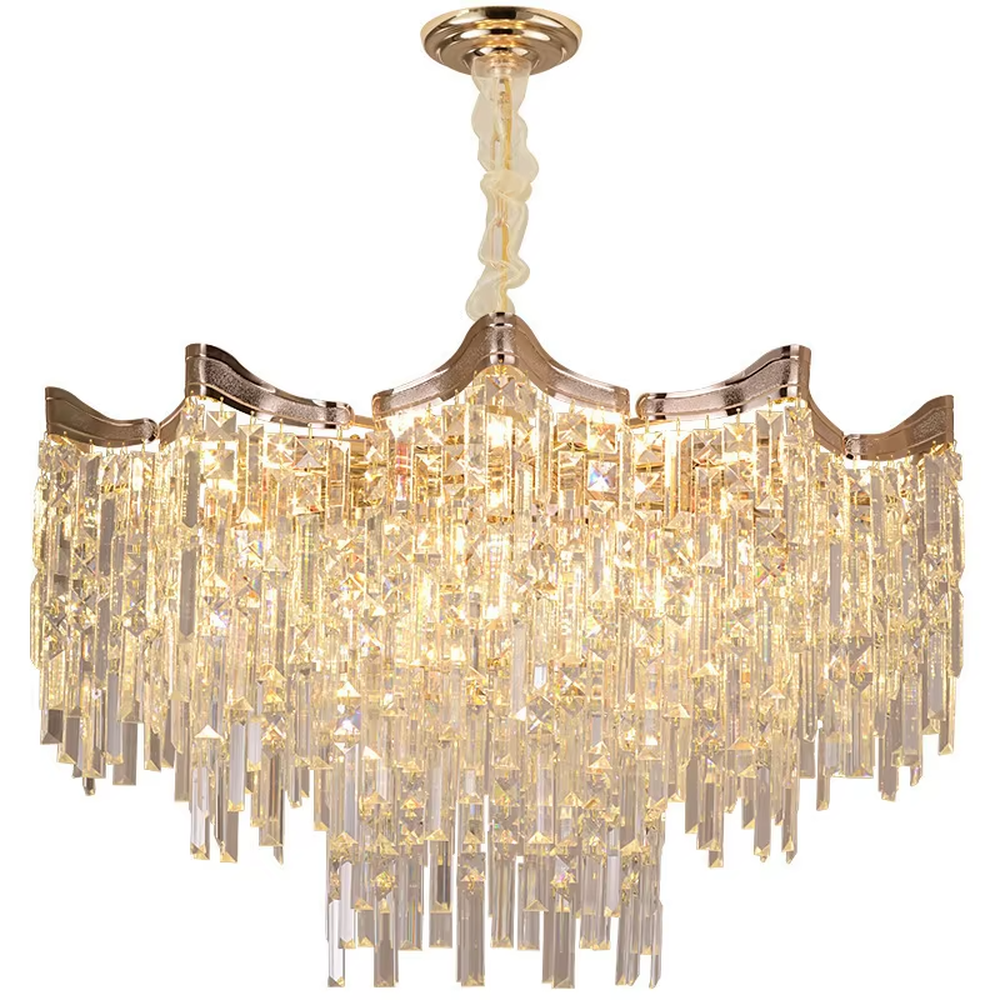 This European luxury fan-shaped crystal chandelier features a champagne gold metal frame, with dense long crystals hanging down to form a layered fan shape, suspended by a braided cord. When lit, light refracts through the crystal to emit a brilliant and luxurious glow, combining a luxurious texture with an ambient atmosphere. Ideal for villa living rooms, luxury dining rooms, high-end clubs, and other spaces, it adds an elegant and exquisite touch to European luxury or modern light luxury environments.