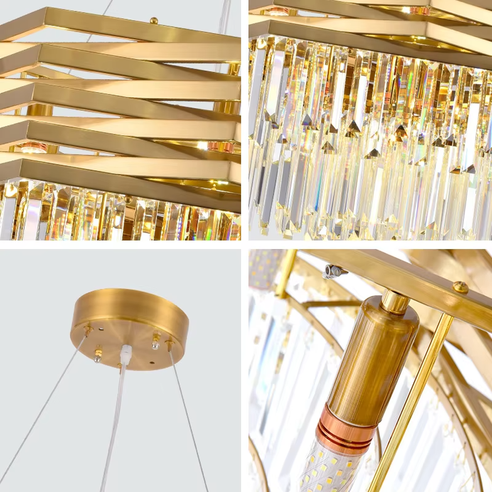 This modern light luxury two-layer chandelier features a geometric dome shape made of interwoven gold metal strips on the upper layer, with transparent crystal tassels hanging below. When lit, light refracts through the crystal to emit a brilliant and luxurious glow, combining an artistic feel with an ambient atmosphere. Ideal for living rooms, dining rooms, villa high-ceiling spaces, and other areas, it adds an elegant and exquisite touch to modern light luxury or European luxury home environments.