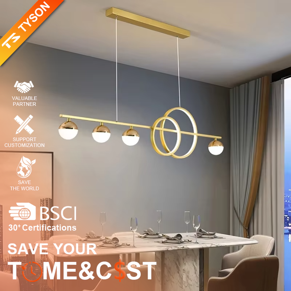 Modern light luxury black and gold combination linear chandelier, featuring a black metal frame paired with milk-white glass ball lampshades and double-ring decorations. Its minimalist and layered design combines style and ambiance, making it a decorative lighting fixture that elevates the space's aesthetic.