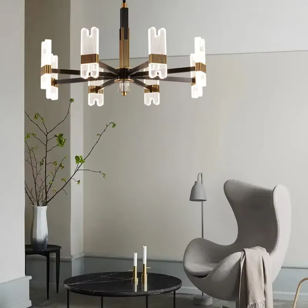 Modern light luxury black and gold chandelier, featuring a radial frame in black and gold metal paired with striped acrylic lampshades. It emits soft, layered light, combining style and ambiance, making it a high-end decorative lighting fixture that elevates the space's aesthetic.
